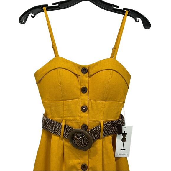 Purple Snow Sun Dress Womens Size S Mustard Yellow Corset Style Button Up Belted - Picture 2 of 10